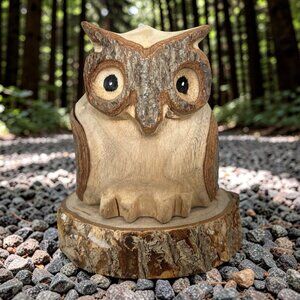 Vintage Hand Carved Wood Owl with Wood Stand 4-1/2" Tall Bird Figurine